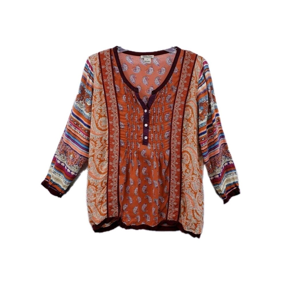 Lucky Brand Patchwork Peasant Top M Paisley Multicolor Henley Long Sleeve Boho